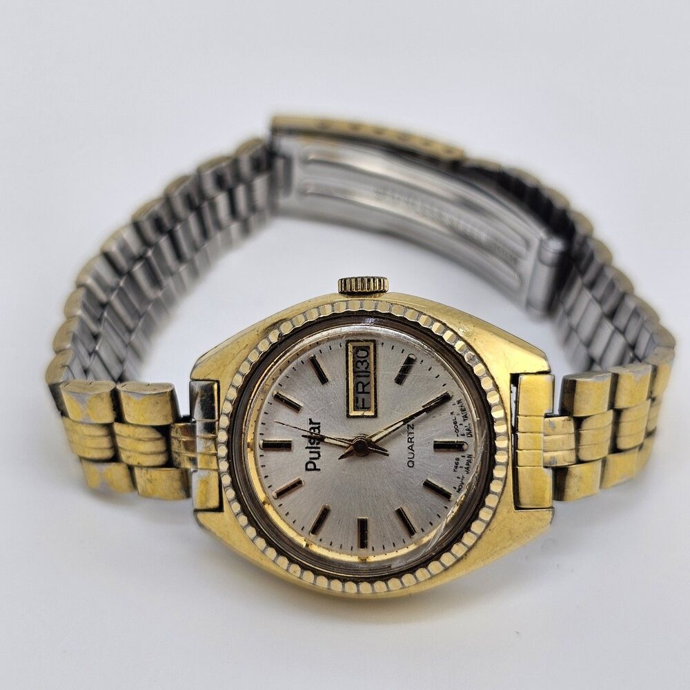 VTG Pulsar Women's Watch 24MM Gold‎ Dial Bracelet Band 6" Day Date New Battery